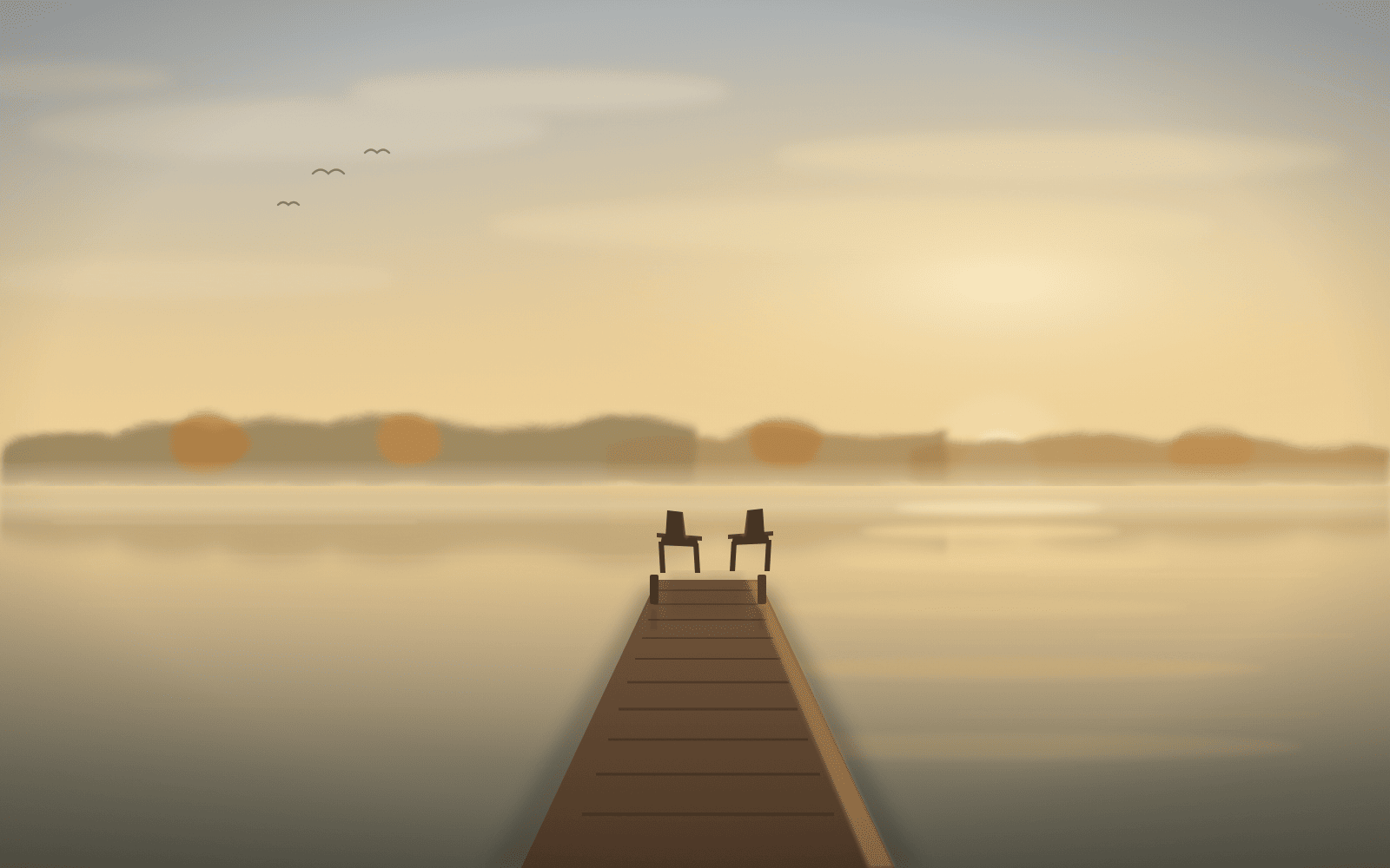 Two wooden chairs at the end of a lakeside dock in low September light, the far shore beginning to turn amber
