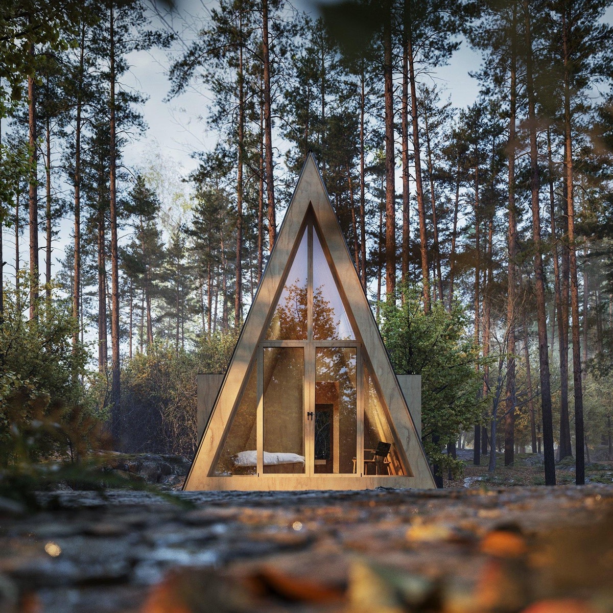 Rendering of a glass-fronted A-frame cabin among tall pines, lit from within at dusk