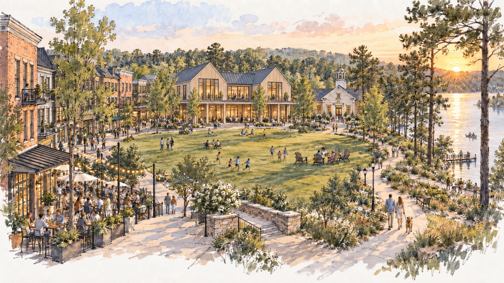 Concept sketch of a walkable mixed-use village: a modern Scandinavian hotel on a town green, shops with homes above, a dining terrace under string lights, trails down to a lake among pines
